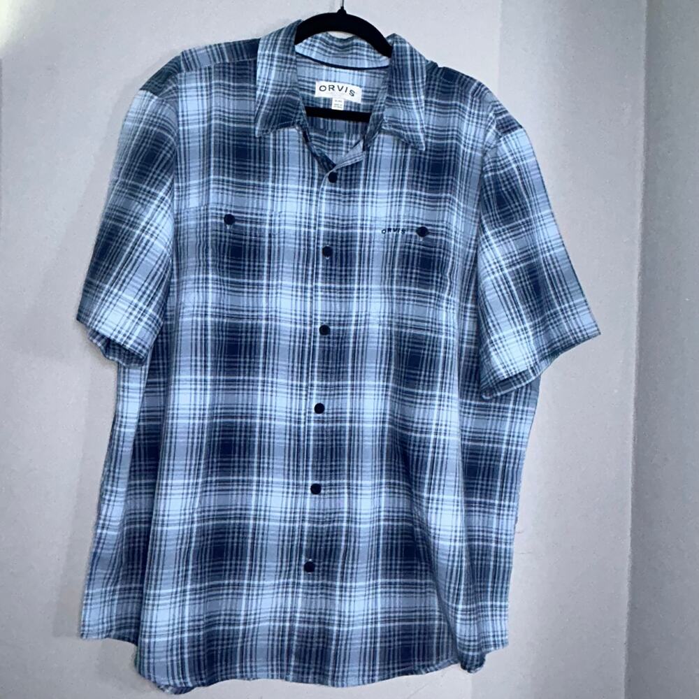 Orvis Blue Plaid SS Button, Sz XL